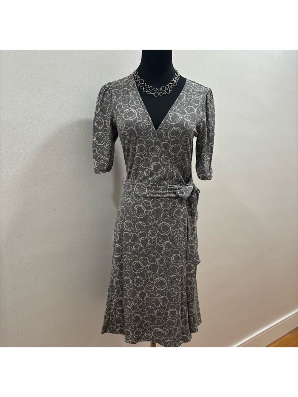 446. No Boundaries Grey Circle-Print Wrap Midi Dress